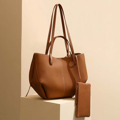 Genuine Leather Pleated Tote Bag Large Capacity Handbag with Pouch