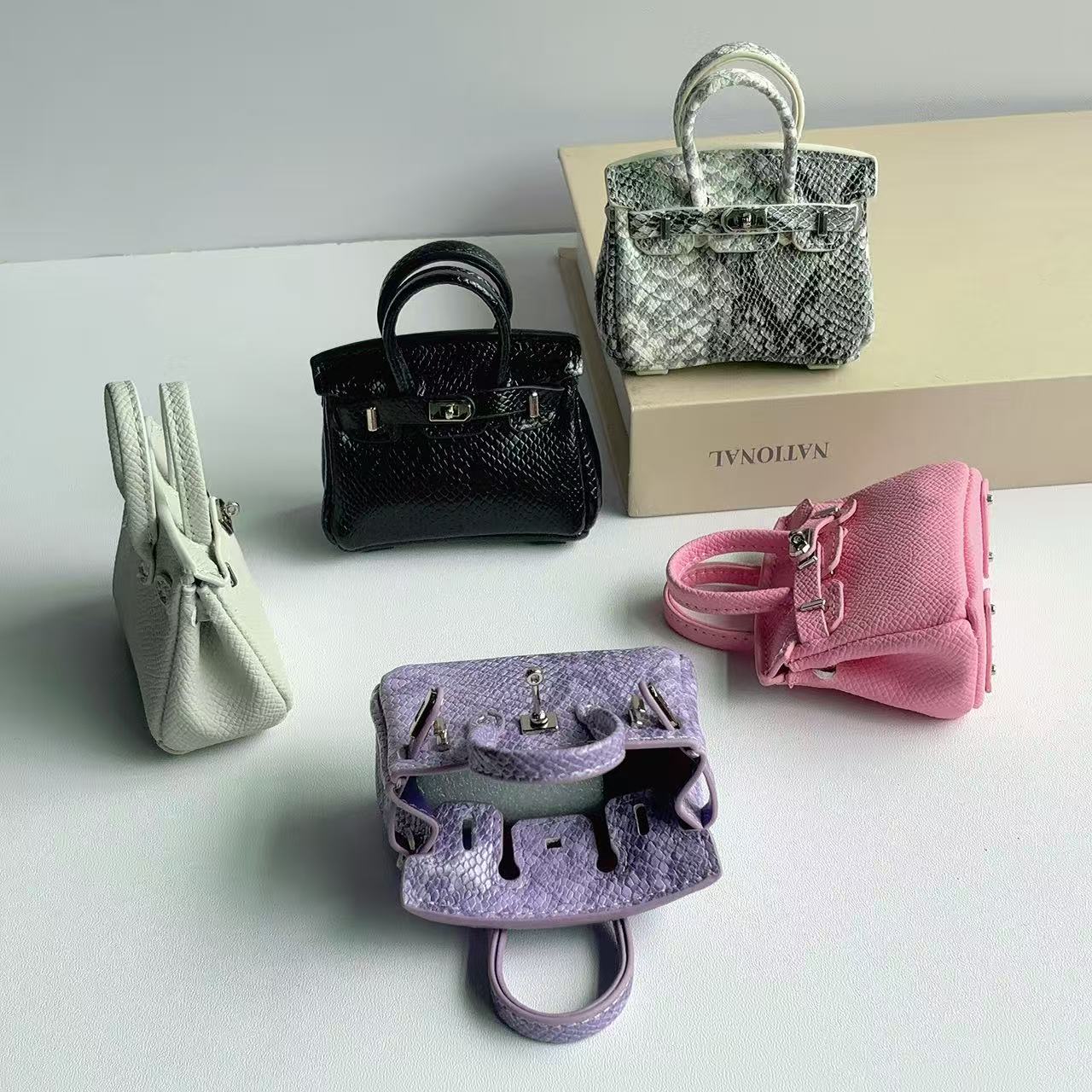 Inspired Mini Burkin Handbag Charm Snakeskin textured Glossy Leather Earphone Storage Bag