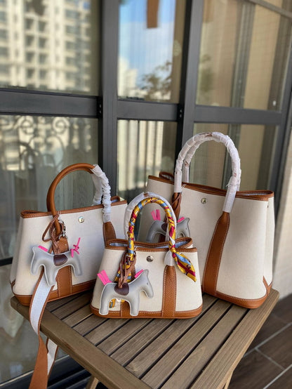 Canvas & Leather Inspired Garden Party Bag Contrast Color Handbags for Woman