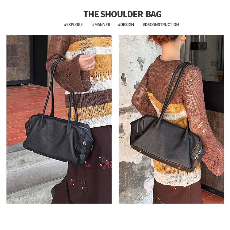 Genuine Leather Boston Bag | Large Capacity Underarm Tote & Bowling Shoulder Bag