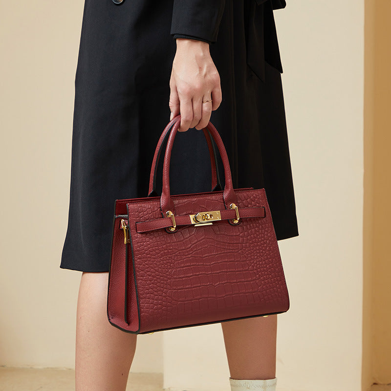 Croc-Embossed Genuine Leather Tote - Elegant Top-Handle Satchel Bag for Women