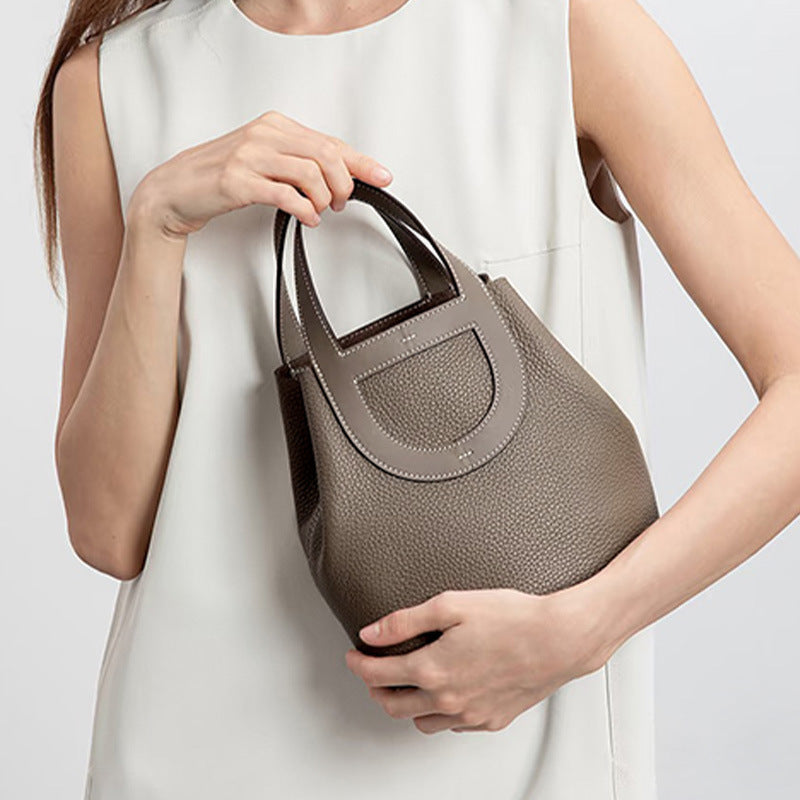 Top Grain Leather Pig Nose Mini Tote Bag Woman Bucket Bag