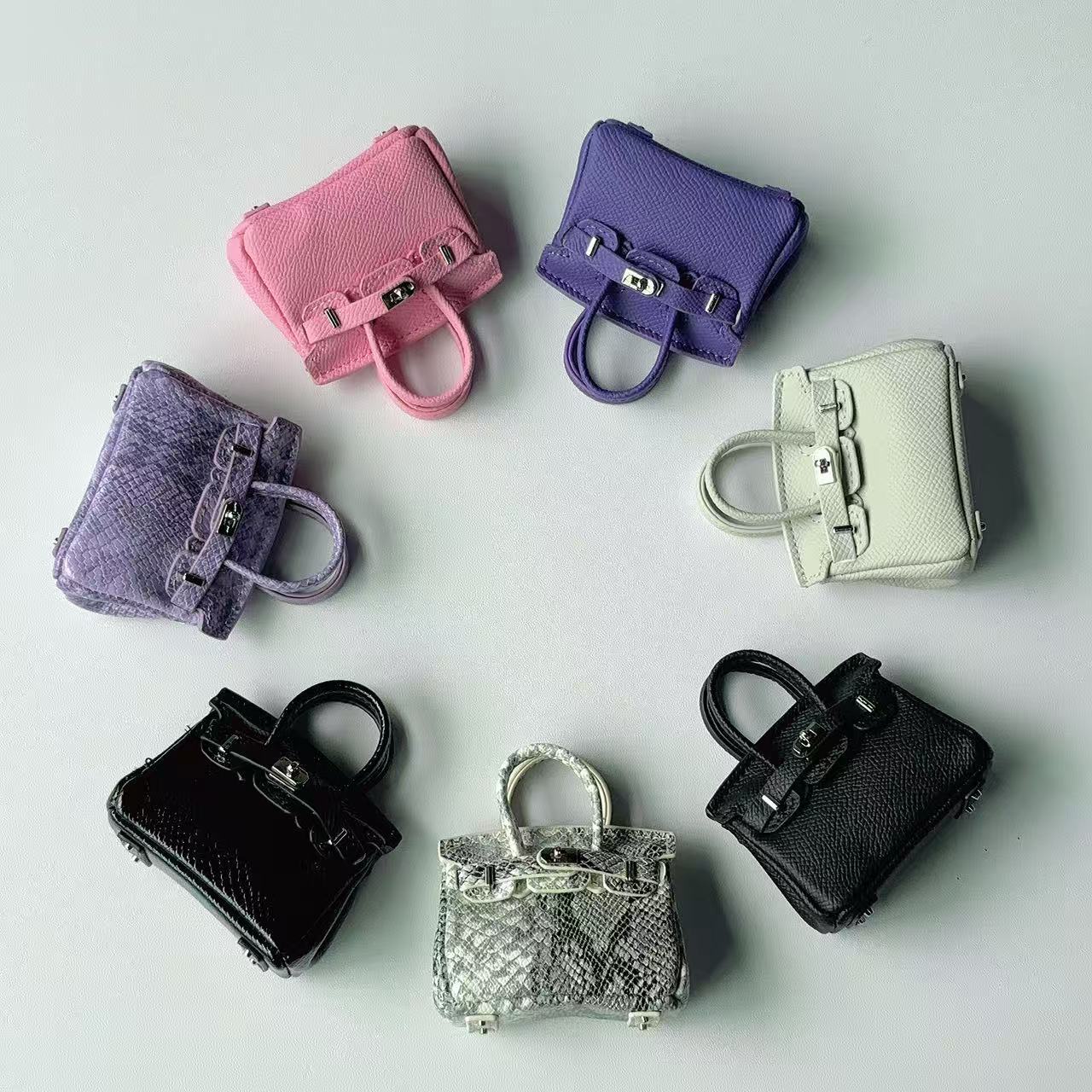 Inspired Mini Burkin Handbag Charm Snakeskin textured Glossy Leather Earphone Storage Bag