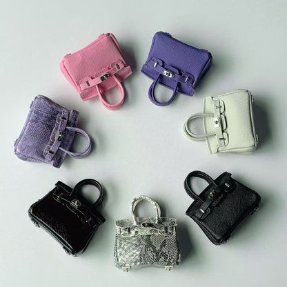 Inspired Mini Burkin Handbag Charm Snakeskin textured Glossy Leather Earphone Storage Bag