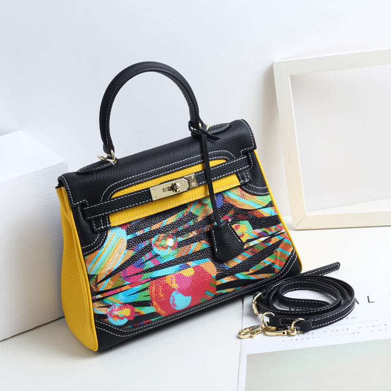 Limited Edition Graffiti Style Handbag 28cm Top Grain Leather Shoulder Bag