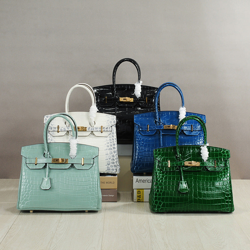 Crocodile Pattern Glossy Leather Handbags for Woman | Golden Hardware