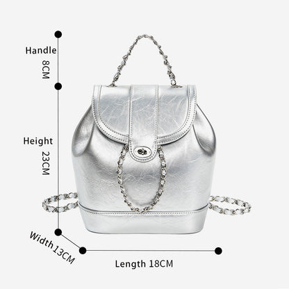Retro Silver Leather Chain Bag Woman Travel Backpack