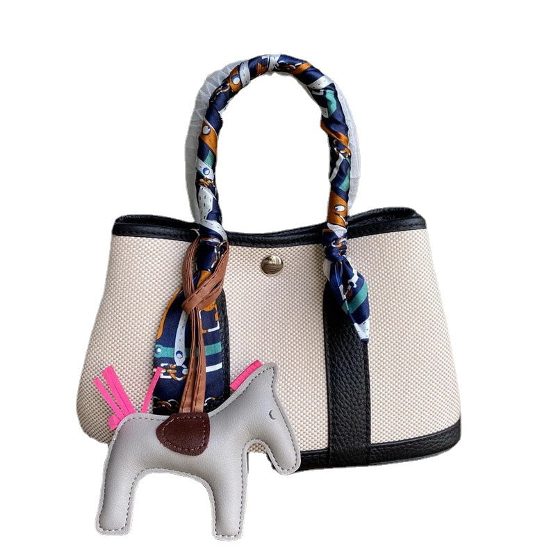 Canvas & Leather Inspired Garden Party Bag Contrast Color Handbags for Woman