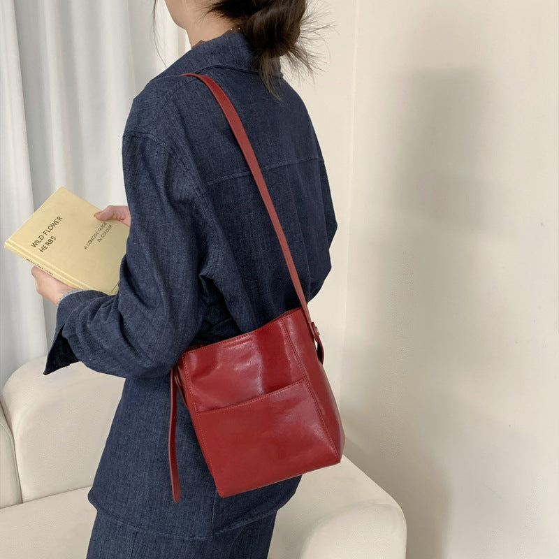 Vintage Vegetable Tanned Leather Bucket Bag - Minimalist Crossbody
