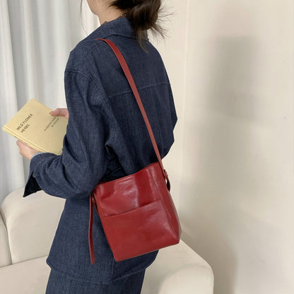 Vintage Vegetable Tanned Leather Bucket Bag - Minimalist Crossbody