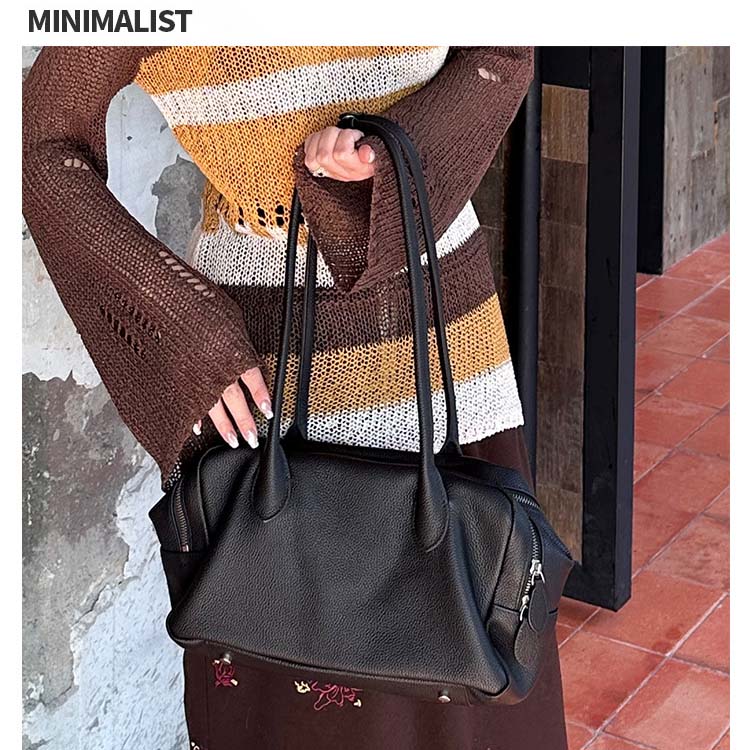 Genuine Leather Boston Bag | Large Capacity Underarm Tote & Bowling Shoulder Bag