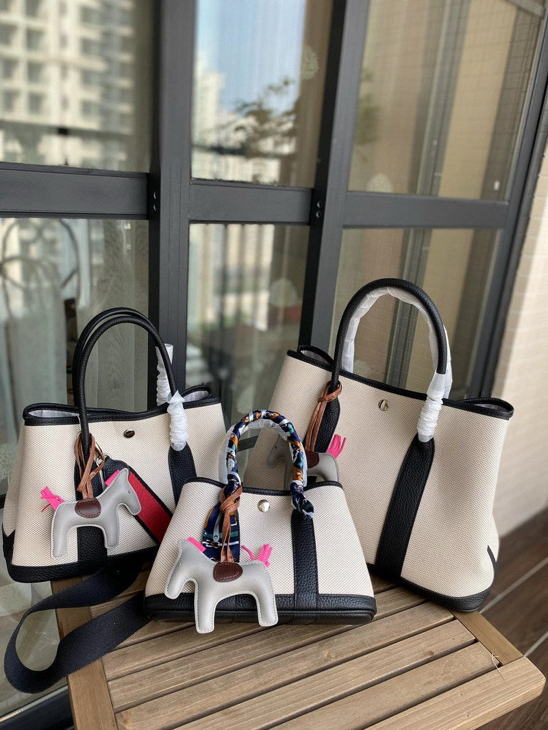 Canvas & Leather Inspired Garden Party Bag Contrast Color Handbags for Woman