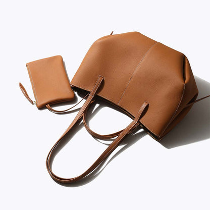 Genuine Leather Pleated Tote Bag Large Capacity Handbag with Pouch