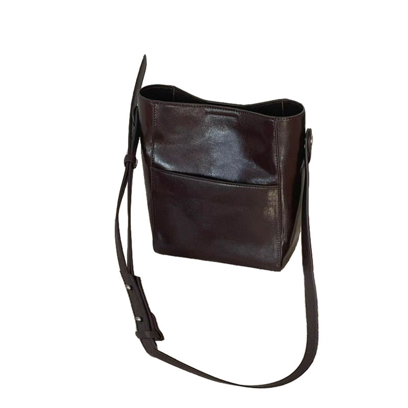 Vintage Vegetable Tanned Leather Bucket Bag - Minimalist Crossbody