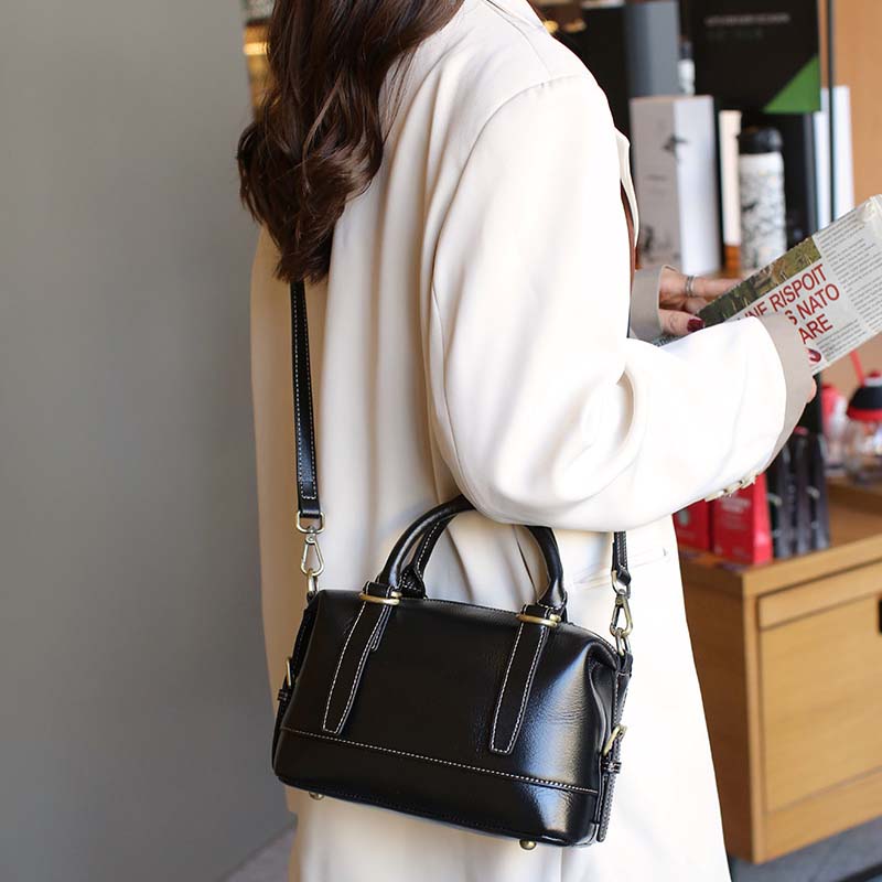 Vegetable-tanned Leather Boston Bag | Cowhide Crossbody Handbag
