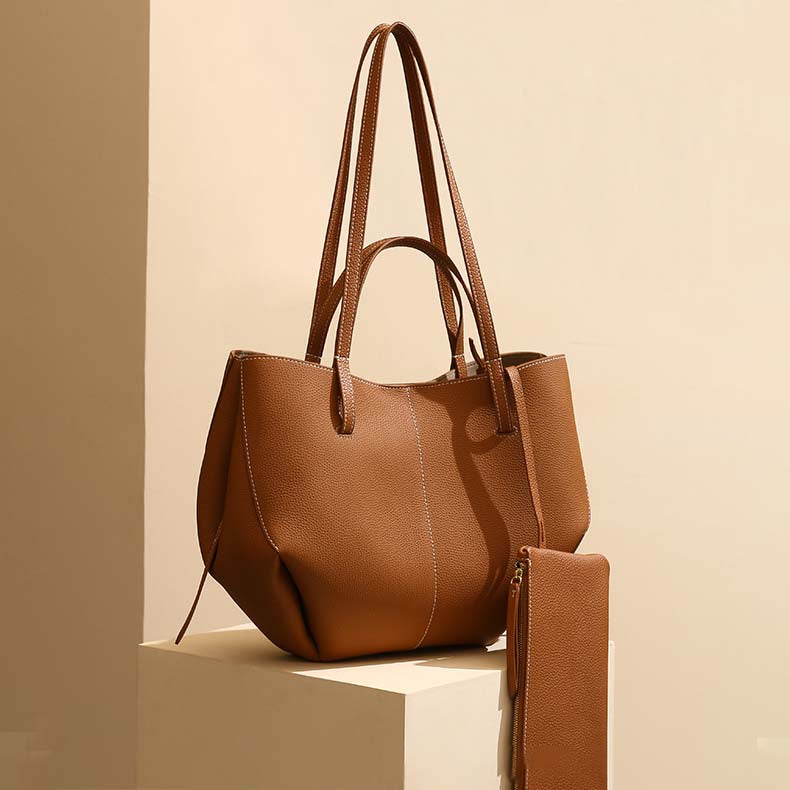 Genuine Leather Pleated Tote Bag Large Capacity Handbag with Pouch