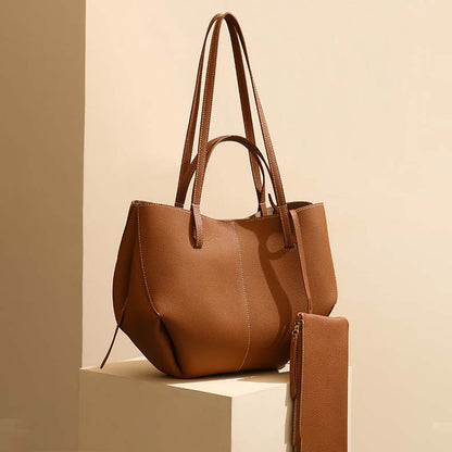 Genuine Leather Pleated Tote Bag Large Capacity Handbag with Pouch