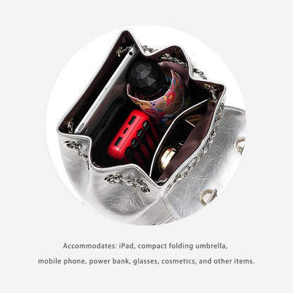 Retro Silver Leather Chain Bag Woman Travel Backpack