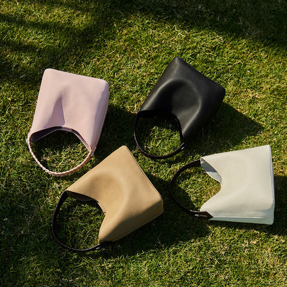 Premium Soft Top Grain Leather Bucket Bag - Minimalist Hobo Tote with Inner Pouch