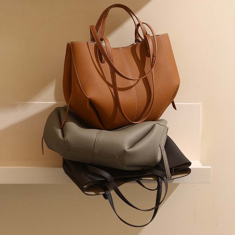 Genuine Leather Pleated Tote Bag Large Capacity Handbag with Pouch
