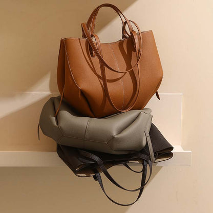 Genuine Leather Pleated Tote Bag Large Capacity Handbag with Pouch