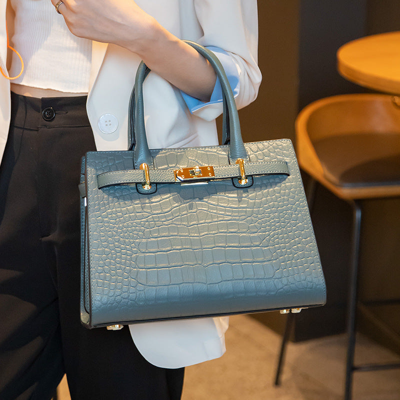 Croc-Embossed Genuine Leather Tote - Elegant Top Handle Satchel Bag for Women