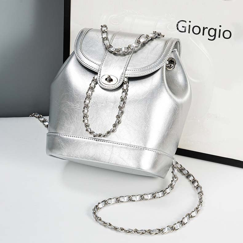 Retro Silver Leather Chain Bag Woman Travel Backpack