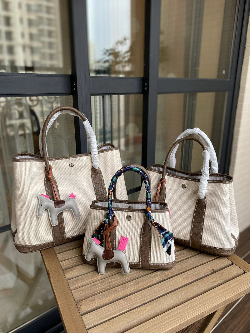 Canvas & Leather Inspired Garden Party Bag Contrast Color Handbags for Woman