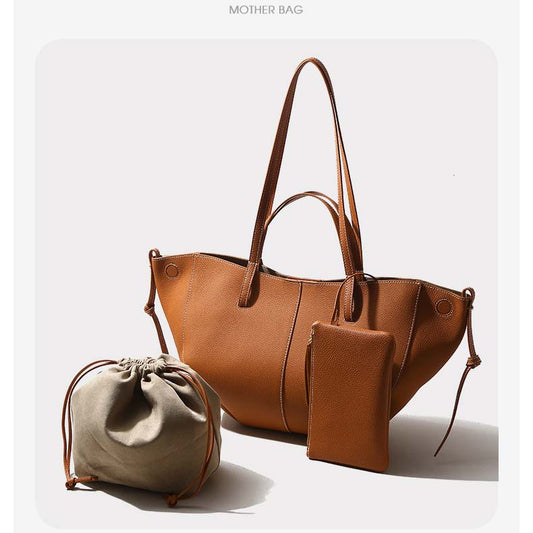 Genuine Leather Pleated Tote Bag Large Capacity Handbag with Pouch