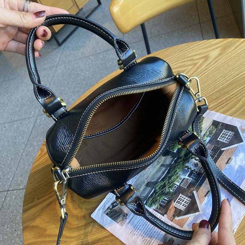 Vegetable-tanned Leather Boston Bag | Cowhide Crossbody Handbag