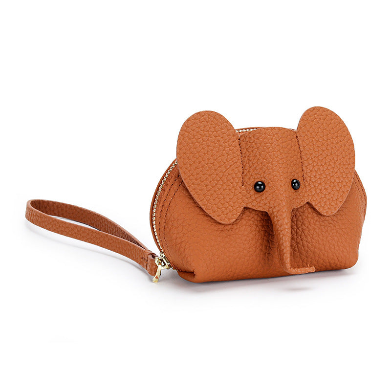 Cartoon Elephant Change Purse Top Grain Leather Card Holder
