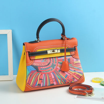 Limited Edition Graffiti Style Handbag 28cm Top Grain Leather Shoulder Bag
