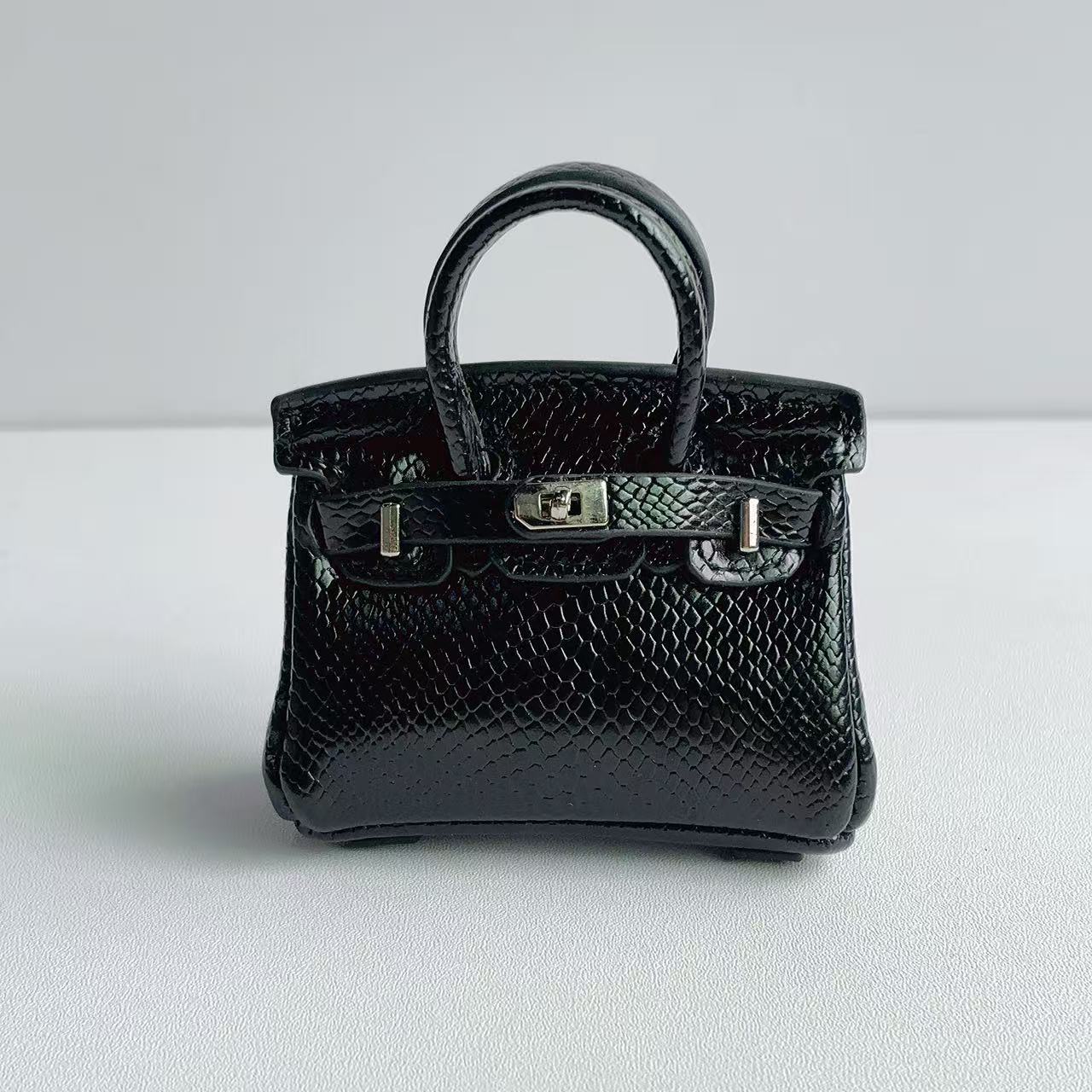 Inspired Mini Burkin Handbag Charm Snakeskin textured Glossy Leather Earphone Storage Bag