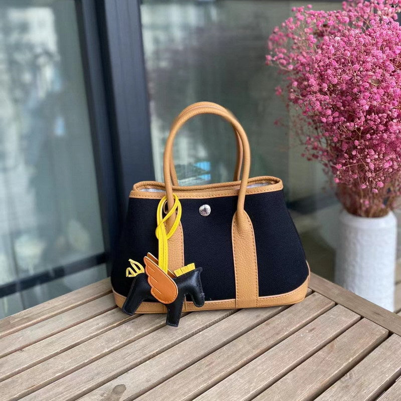 Canvas & Leather Inspired Garden Party Bag Contrast Color Handbags for Woman