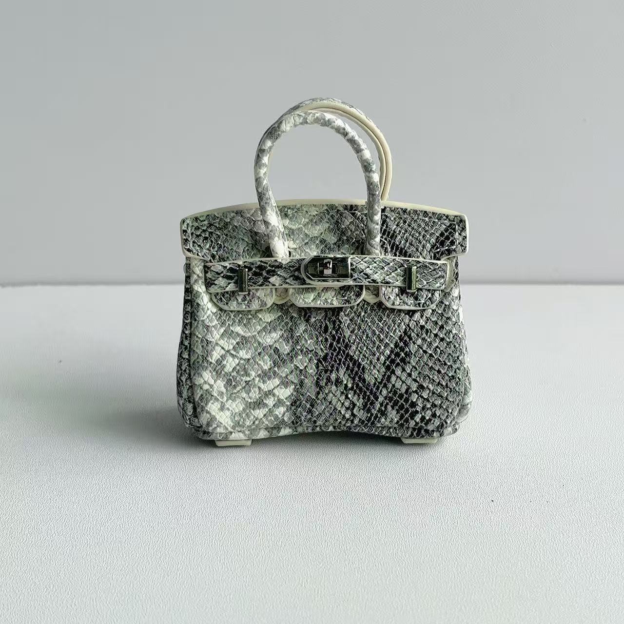 Inspired Mini Burkin Handbag Charm Snakeskin textured Glossy Leather Earphone Storage Bag