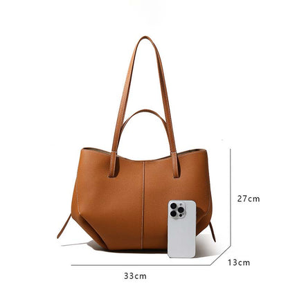 Genuine Leather Pleated Tote Bag Large Capacity Handbag with Pouch