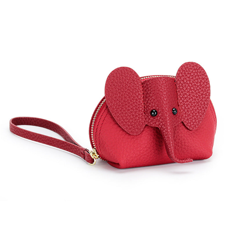 Cartoon Elephant Change Purse Top Grain Leather Card Holder