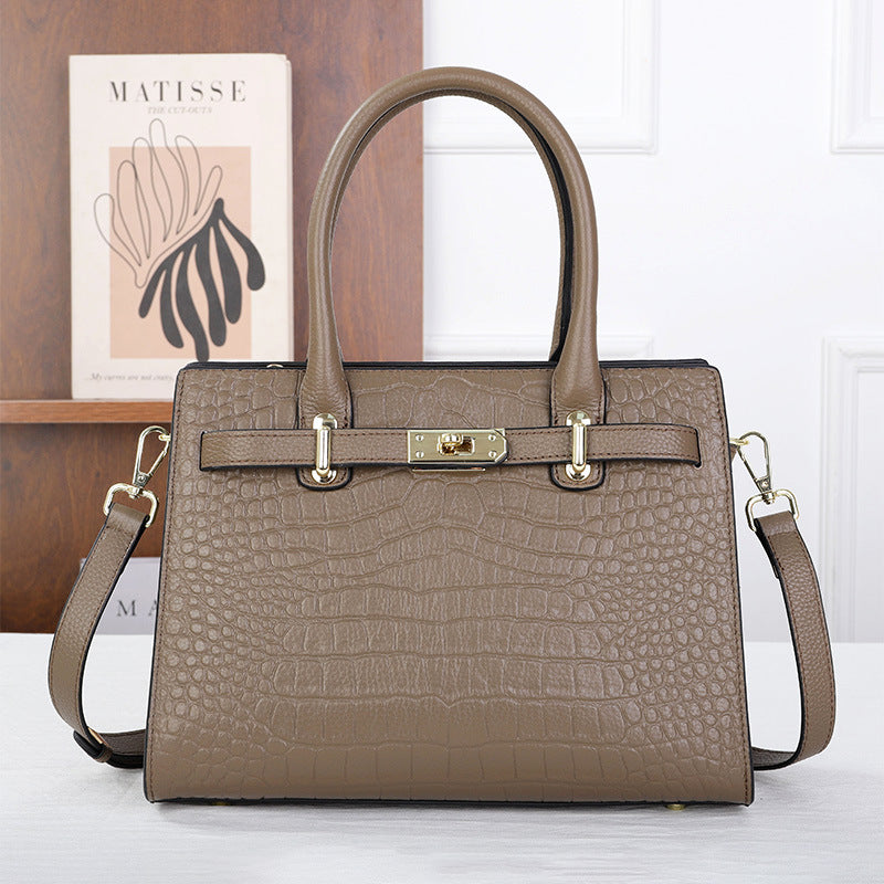 Croc-Embossed Genuine Leather Tote - Elegant Top Handle Satchel Bag for Women