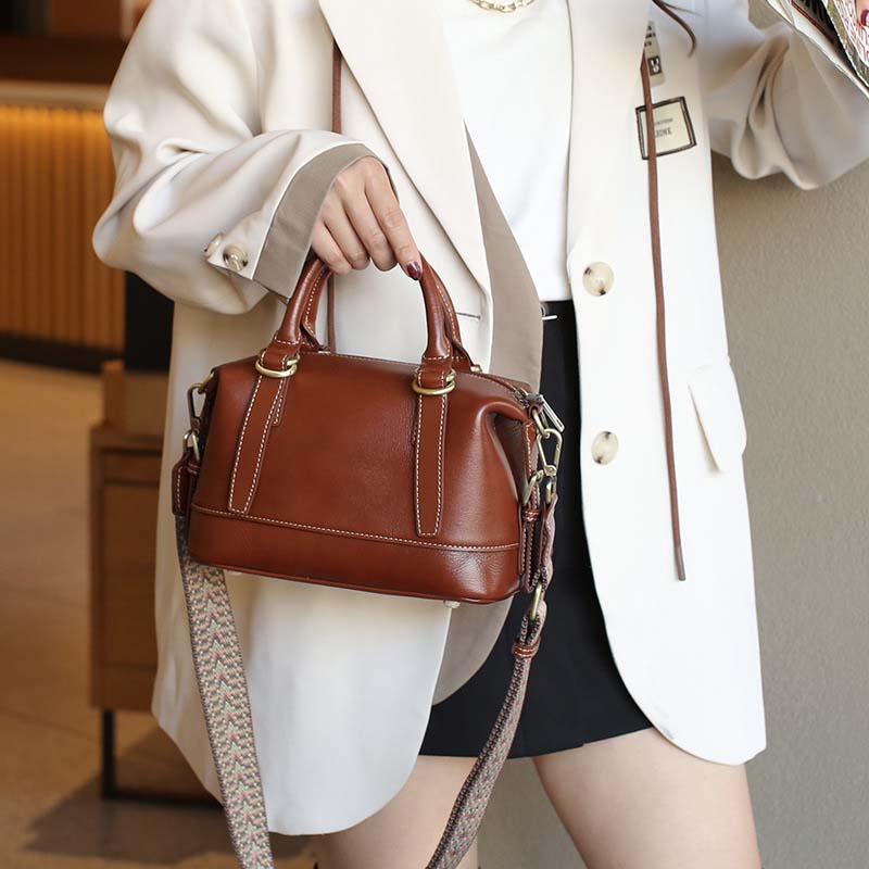 Vegetable-tanned Leather Boston Bag | Cowhide Crossbody Handbag