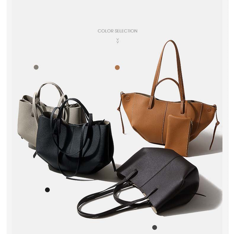 Genuine Leather Pleated Tote Bag Large Capacity Handbag with Pouch