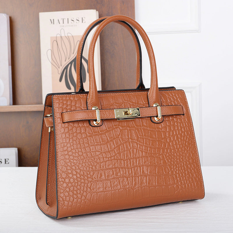 Croc-Embossed Genuine Leather Tote - Elegant Top Handle Satchel Bag for Women