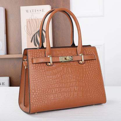 Croc-Embossed Genuine Leather Tote - Elegant Top Handle Satchel Bag for Women