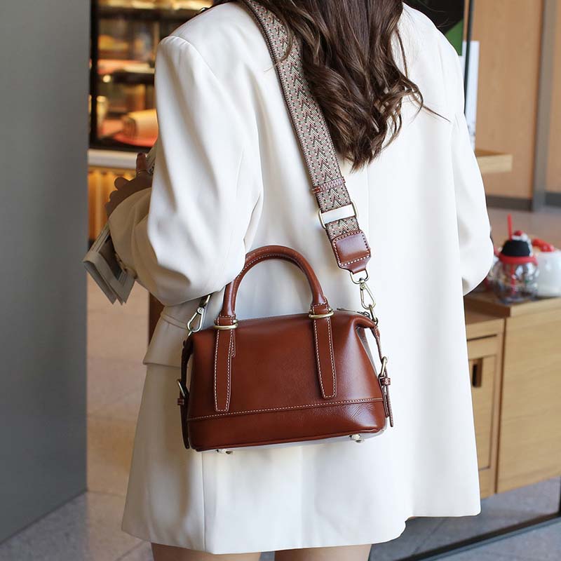 Vegetable-tanned Leather Boston Bag | Cowhide Crossbody Handbag