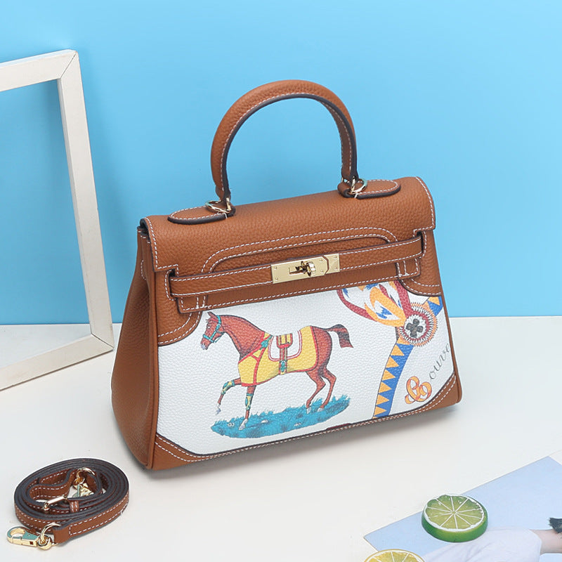 Limited Edition Graffiti Style Handbag 28cm Top Grain Leather Shoulder Bag