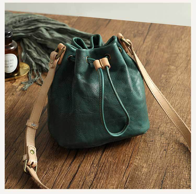 Drawstring Retro Vegetable Tanned Leather Bucket Bags Woman Genuine Leather Bag