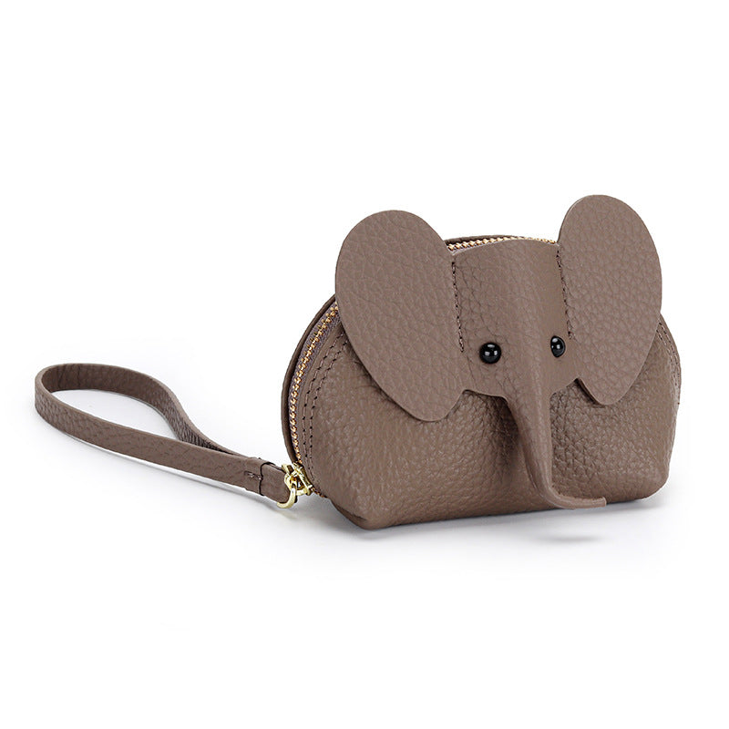 Cartoon Elephant Change Purse Top Grain Leather Card Holder