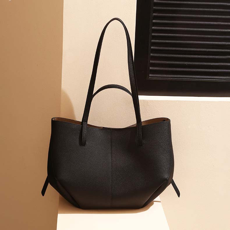 Genuine Leather Pleated Tote Bag Large Capacity Handbag with Pouch