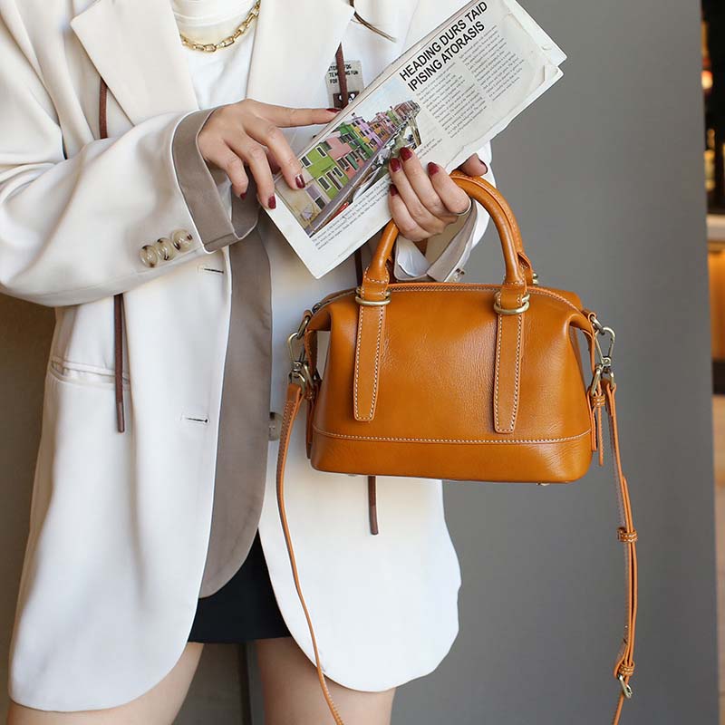 Vegetable-tanned Leather Boston Bag | Cowhide Crossbody Handbag