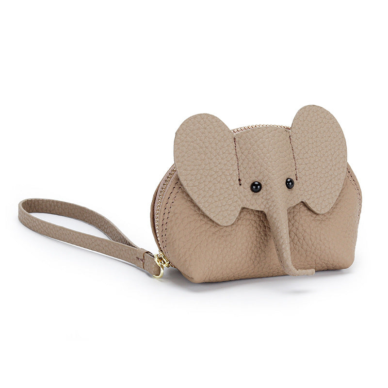 Cartoon Elephant Change Purse Top Grain Leather Card Holder