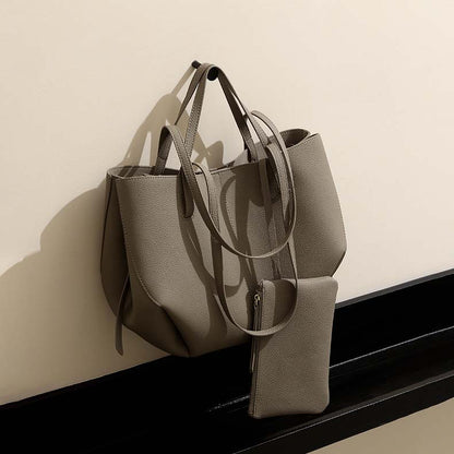 Genuine Leather Pleated Tote Bag Large Capacity Handbag with Pouch
